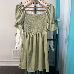 SHEIN | Olive Green Puff Sleeve Smocked Dress Small